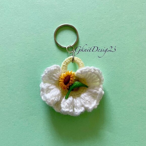 Sunflower Keychain Charm, Crochet Handmade Backpack Charm - Picture 2 of 7
